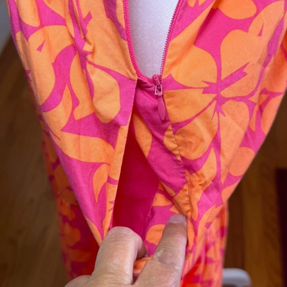 J.Crew Re-Imagined Orange Pink Floral Tiered Midi Dress V-Neck‎ Puff Sleeve